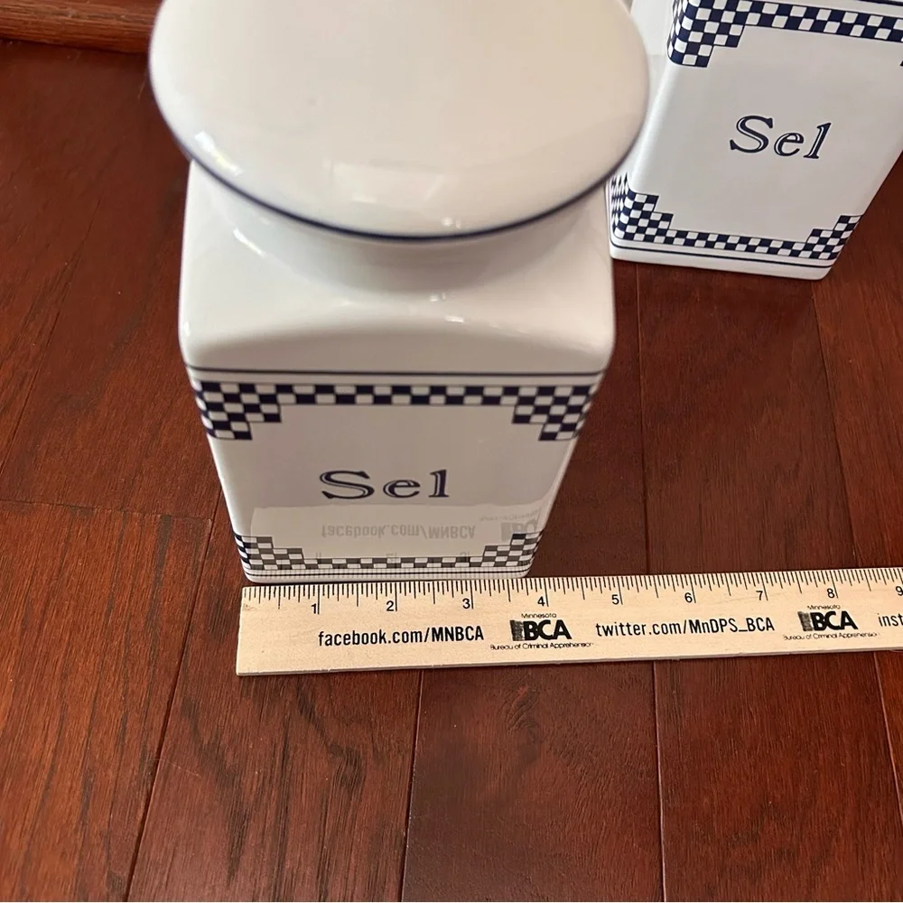 Vintage French Lustucru Style Sel (salt) Canisters Blue White Ceramic Set 2